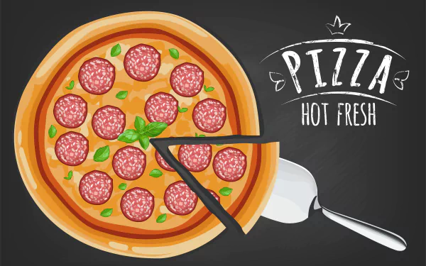 5K Ultra HD PC desktop wallpaper/background: illustrated hot fresh pepperoni pizza on a dark chalkboard-style background with PIZZA Hot Fresh lettering and a slice on a server.