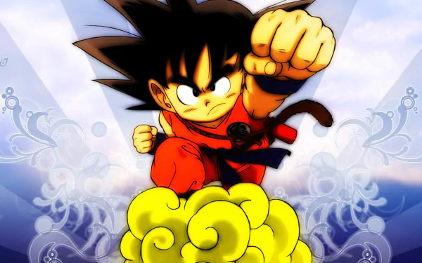 Goku from Dragon Ball anime: young Saiyan in orange gi riding the yellow Nimbus cloud, fist thrust forward — HD PC desktop wallpaper/background.
