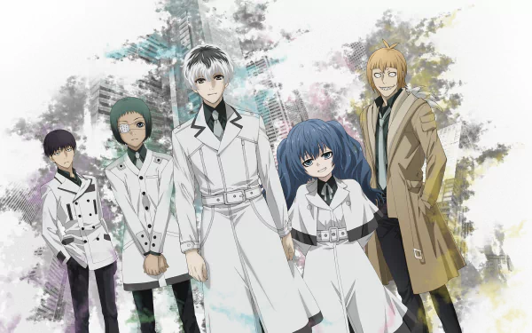 HD desktop wallpaper featuring characters Ken Kaneki, Saiko Yonebayashi, Kuki Urie, Ginshi Shirazu, Haise Sasaki, and Tooru Mutsuki from the anime Tokyo Ghoul:re, standing against a vibrant cityscape background.