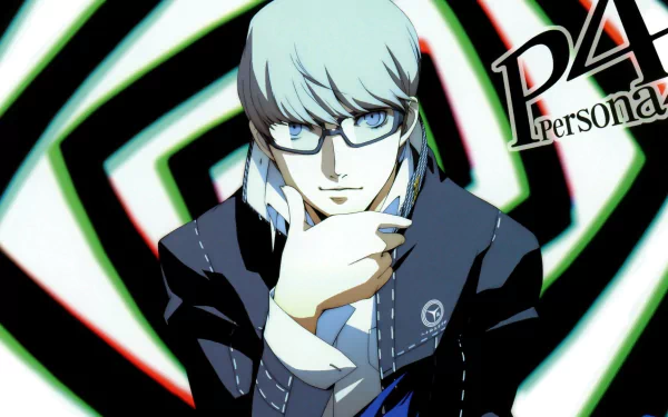 HD PC wallpaper of Yu Narukami (Seta Souji) from the Persona 4 video game/Persona 4 Golden: bespectacled student, hand on chin, against a red-green spiral background with P4 logo.