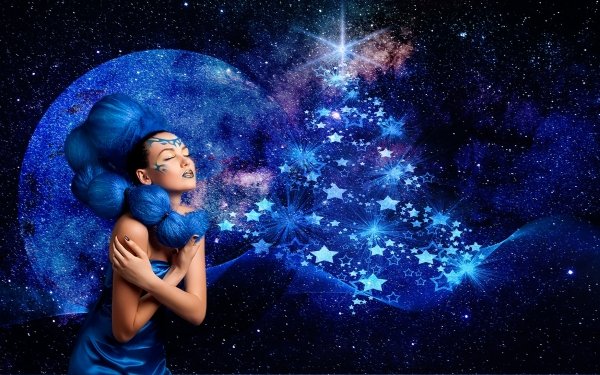 Fantasy Women Asian Blue Moon Sky Braid Stars Christmas Tree Blue Hair HD Wallpaper | Background Image