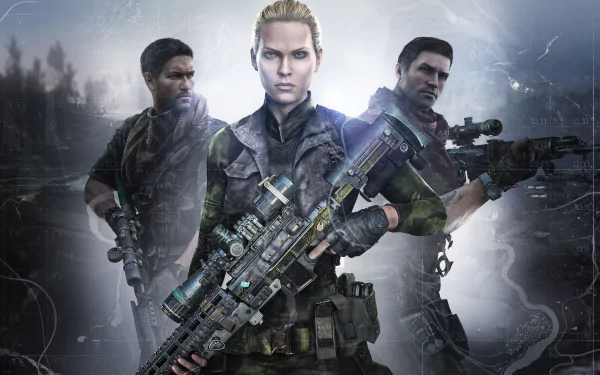 2K Quad HD PC wallpaper for the video game Sniper: Ghost Warrior 3 — three soldiers/snipers armed with scoped sniper rifles stand ready against a cold, misty battlefield backdrop.