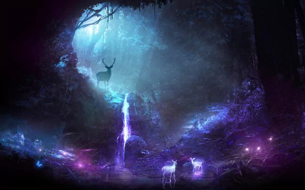 A HD fantasy wallpaper featuring a mystical night scene with a glowing waterfall and ethereal deer, evoking a spirit-like ambiance.