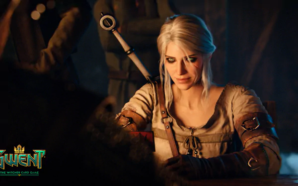 Ciri from The Witcher sits at a table, focused on her cards in Gwent: The Witcher Card Game. This HD wallpaper captures her determination and the game's immersive atmosphere.