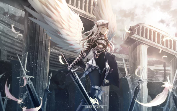 HD anime wallpaper featuring an angel with white, long hair, armor, and wings, holding a sword among falling feathers and stone columns.