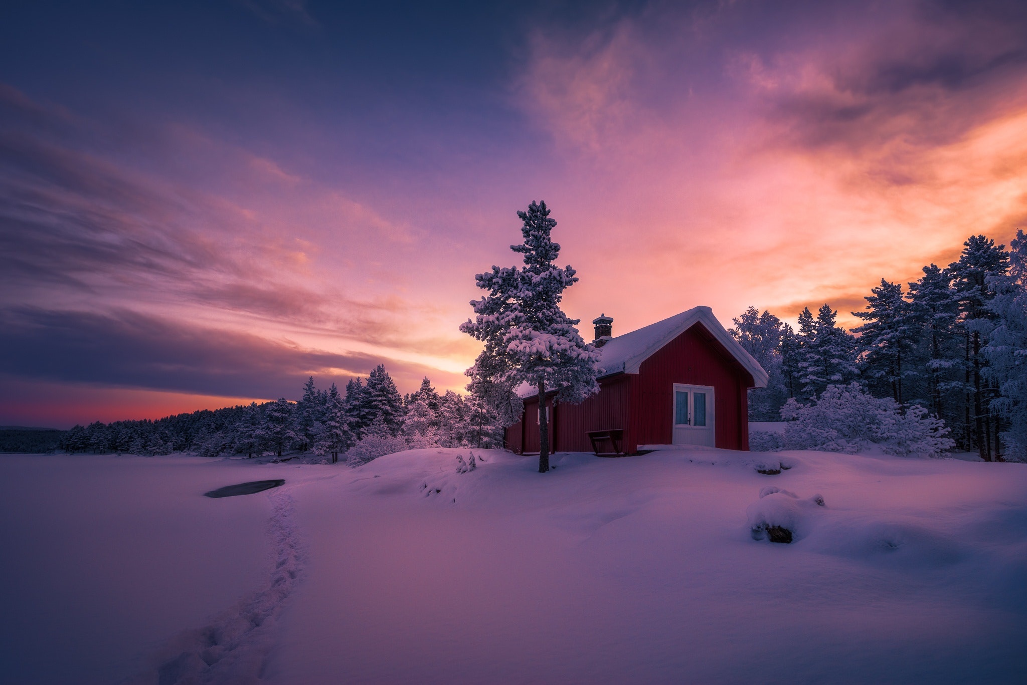 Download Tree Forest Sunset Snow Cabin House Photography Winter HD