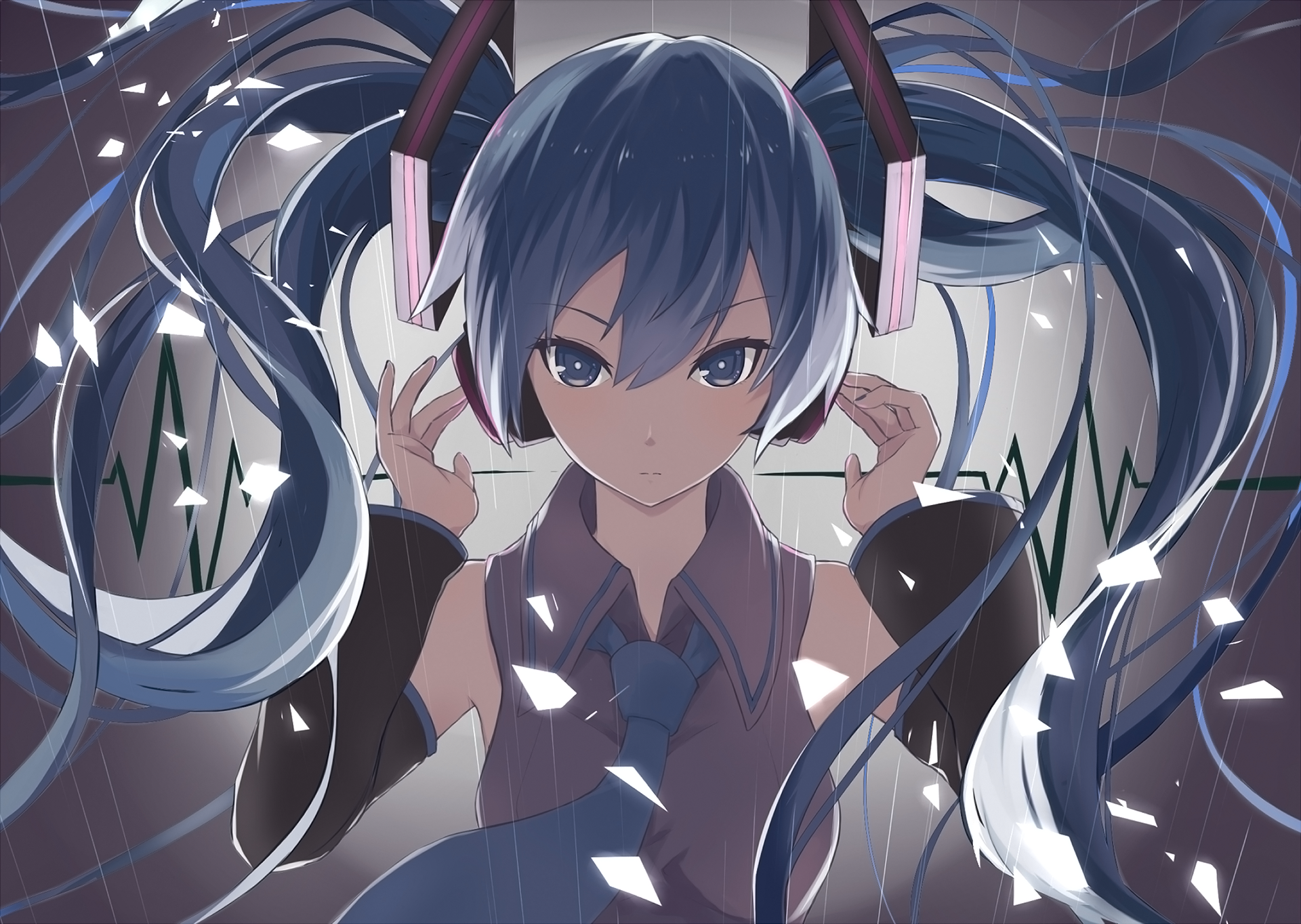 HD anime desktop wallpaper featuring Hatsune Miku, the iconic Vocaloid, with her signature teal twin-tails and headphones in a dynamic, vibrant style.