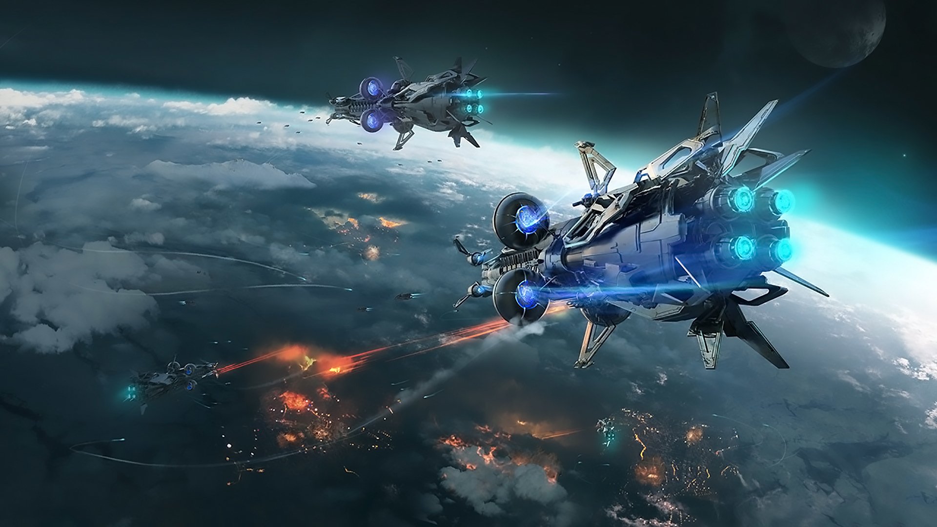 HD PC desktop wallpaper depicting two futuristic sci-fi spaceships flying above a glowing, cloud-covered planet at night.
