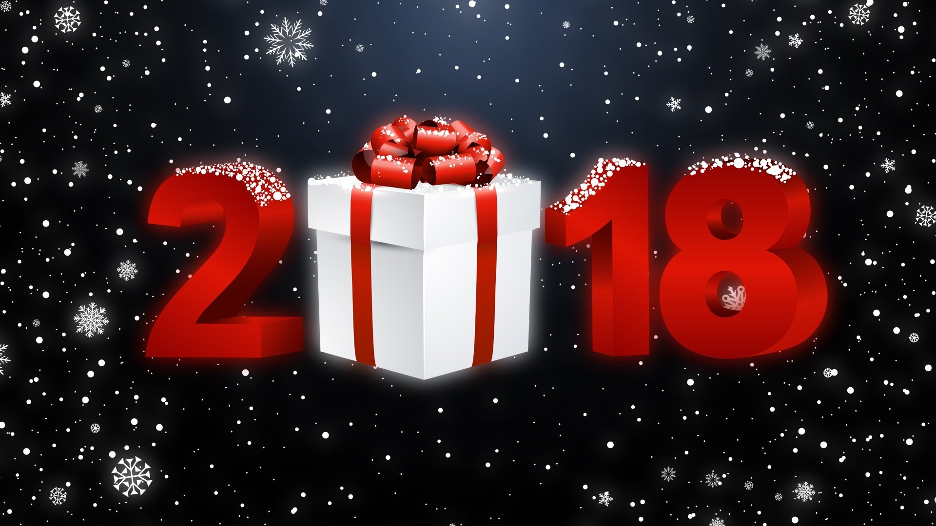HD desktop wallpaper featuring bold red 2018 numbers with a white gift box and snowfall of snowflakes celebrating the New Year holiday.