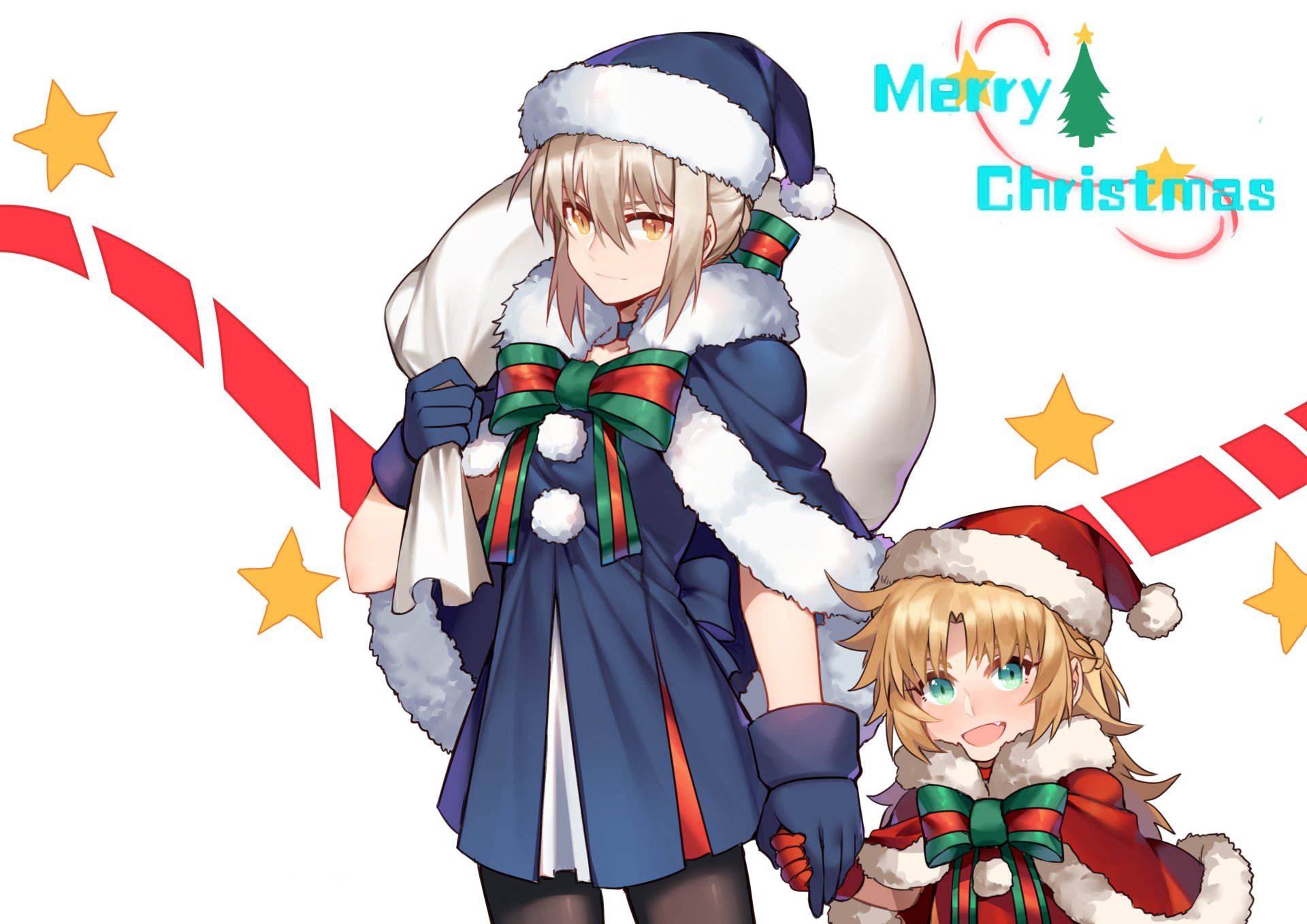 2K Quad HD PC desktop Christmas anime wallpaper: Artoria Pendragon and Mordred (Fate/Apocrypha, Fate/Grand Order) in Santa outfits, carrying gifts amid stars.