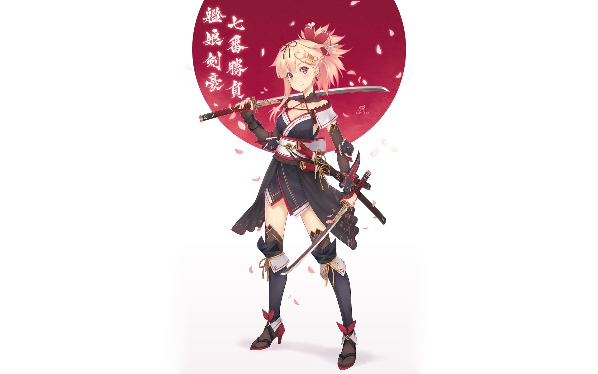 Yuudachi from Kancolle stands confidently with swords, set against a striking red circle. This vibrant HD anime artwork captures the essence of Kantai Collection.