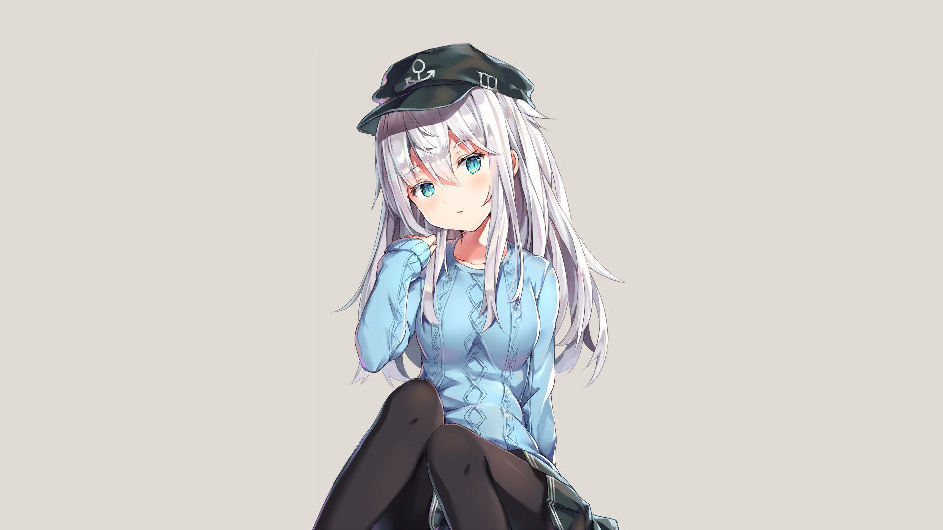 HD anime desktop wallpaper featuring Hibiki from Kantai Collection, depicted with silver hair, blue eyes, a black cap, and a blue outfit against a plain background.