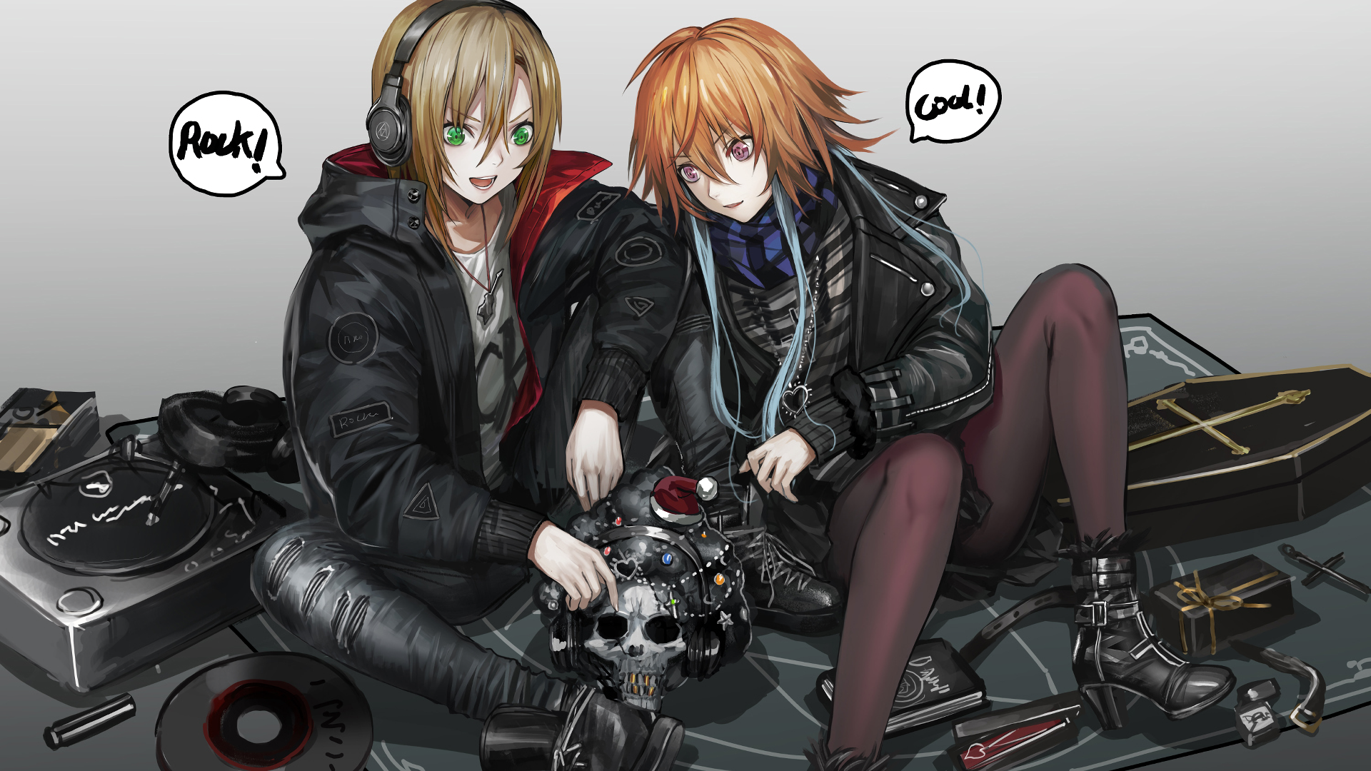 HD PC desktop wallpaper/background of Riina Tada and Asuka Ninomiya (The iDOLM@STER Cinderella Girls), anime-style, leaning on a vehicle with a skull, headphones and tools.