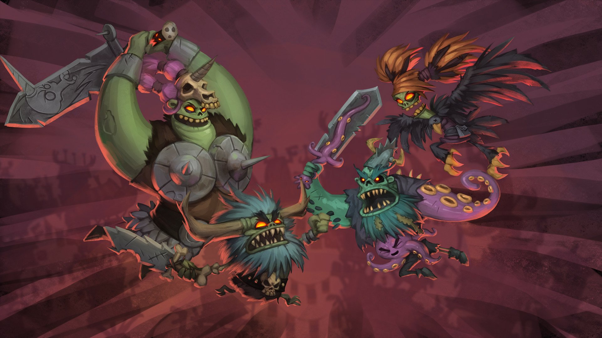 HD PC wallpaper for the video game Zombie Vikings: four undead Viking characters—armored skull woman, bearded berserker, tentacled fighter and winged raider—against a crimson burst.
