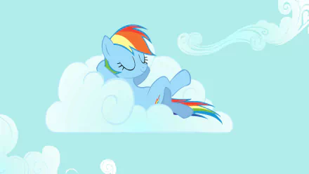 Rainbow Dash from My Little Pony: Friendship Is Magic resting peacefully on a fluffy cloud in a bright, clear sky, featured in an HD PC desktop wallpaper.