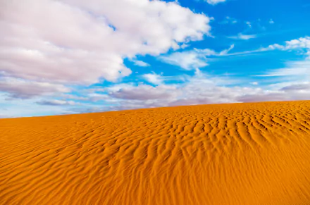 4K Ultra HD image of a golden sand dune in the Sahara Desert, Algeria, Africa, under a bright blue sky with scattered clouds.