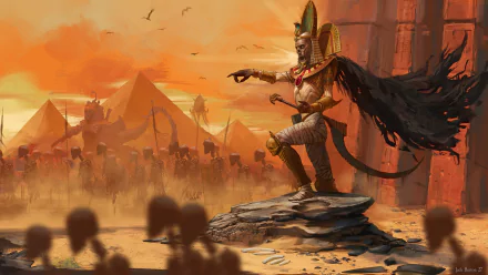 HD desktop wallpaper from Total War: Warhammer II featuring a Tomb Kings mummy leading an army of skeletons in a desert landscape with pyramids in the background.