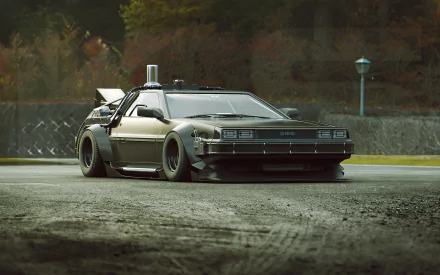 HD desktop wallpaper featuring the iconic DeLorean vehicle from Back To The Future, parked in an outdoor setting against a backdrop of trees and a streetlamp.