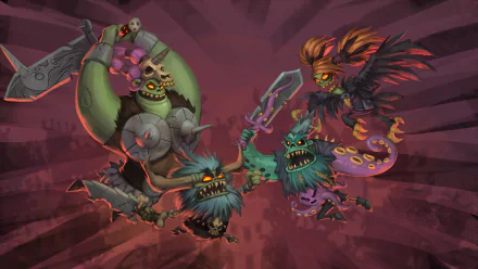 HD PC wallpaper for the video game Zombie Vikings: four undead Viking characters—armored skull woman, bearded berserker, tentacled fighter and winged raider—against a crimson burst.