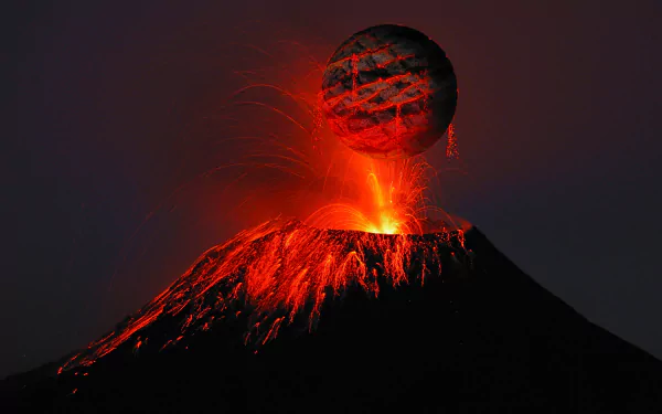 An HD desktop wallpaper featuring a vector art of a volcano erupting with molten lava, creating an optical illusion with a floating spherical object in a polyscape style.