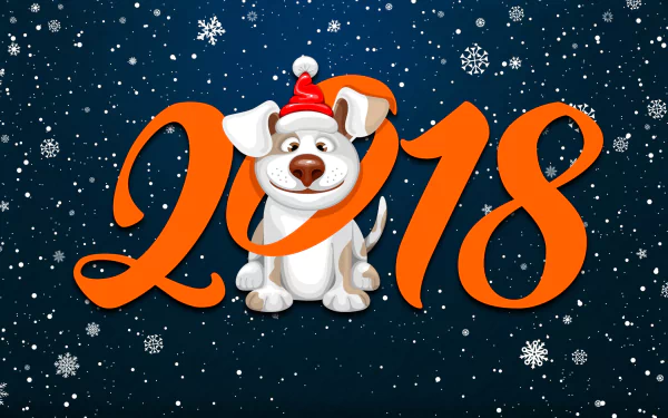 A cheerful dog adorned with a Santa hat sits against a snowy background, celebrating the Chinese New Year, with the year 2018 prominently featured.