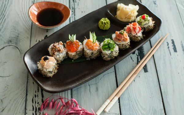 HD PC desktop wallpaper still life of sushi rolls with fish and rice, wasabi, pickled ginger, soy sauce and chopsticks on a rustic wooden table.