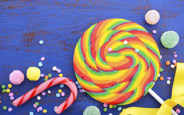 Colorful swirled lollipop surrounded by assorted sweets and candy on a textured blue surface, captured in vibrant 4K Ultra HD as a desktop wallpaper and background.
