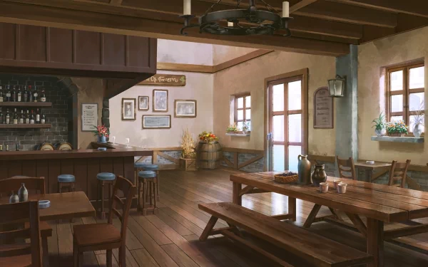 A cozy, anime-style tavern with wooden furniture, picture frames, and decorative items adorning the walls. Sunlight filters through the windows, creating a warm and inviting atmosphere. HD desktop wallpaper.