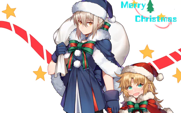 2K Quad HD PC desktop Christmas anime wallpaper: Artoria Pendragon and Mordred (Fate/Apocrypha, Fate/Grand Order) in Santa outfits, carrying gifts amid stars.