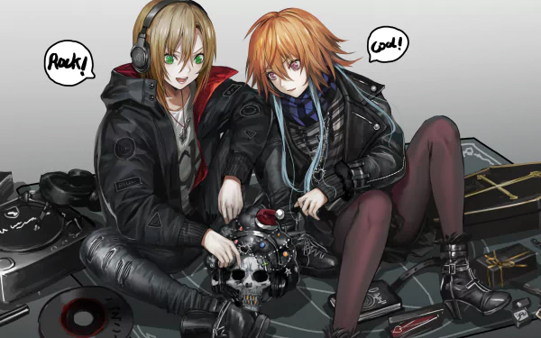 HD PC desktop wallpaper/background of Riina Tada and Asuka Ninomiya (The iDOLM@STER Cinderella Girls), anime-style, leaning on a vehicle with a skull, headphones and tools.