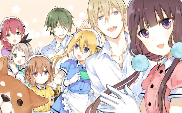An HD desktop wallpaper featuring anime characters Maika Sakuranomiya, Hideri Kanzaki, Mafuyu Hoshikawa, Kaho Hinata, Dino, Miu Amano, and Kouyou Akizuki from the series Blend S.