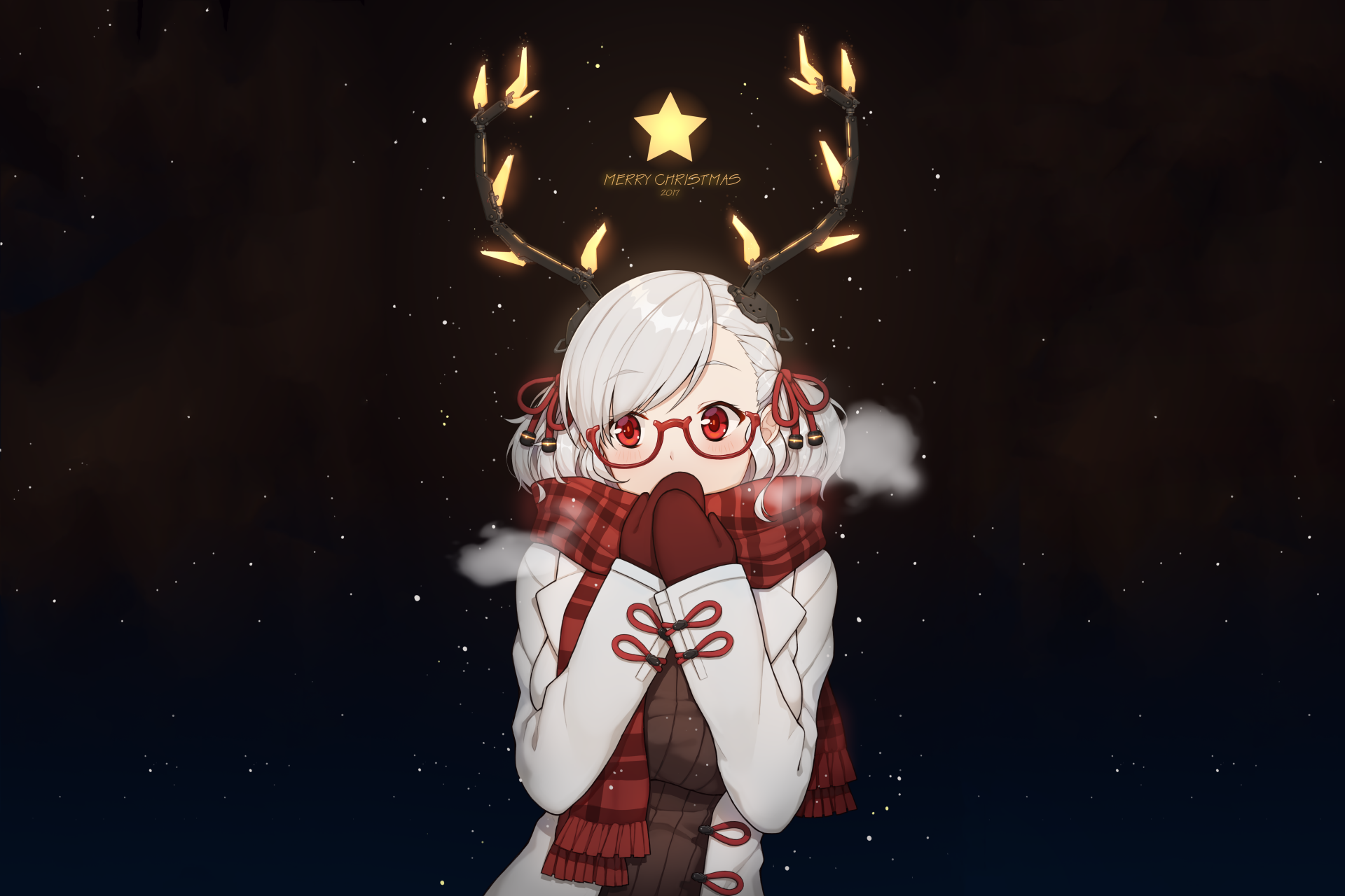 Anime original: white-haired girl with red glasses and scarf, glowing antler halo and star above her head against a dark starry sky — 5K Ultra HD PC desktop wallpaper and background.