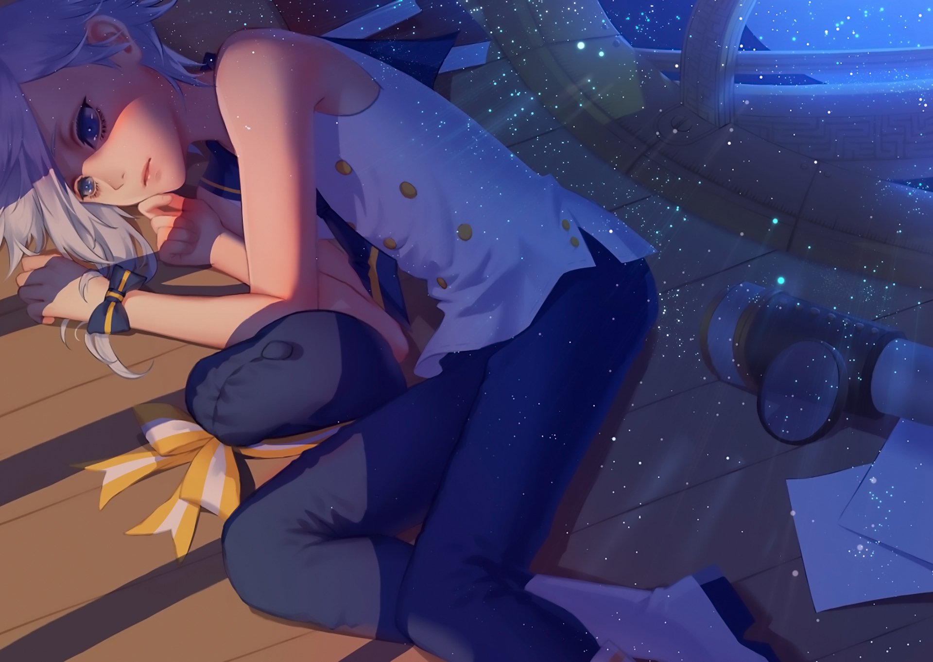 Anime original HD PC desktop wallpaper: silver‑haired girl curled on a wooden floor in a sleeveless top and dark pants, ribbon and scattered papers nearby, bathed in a soft blue starlit glow.