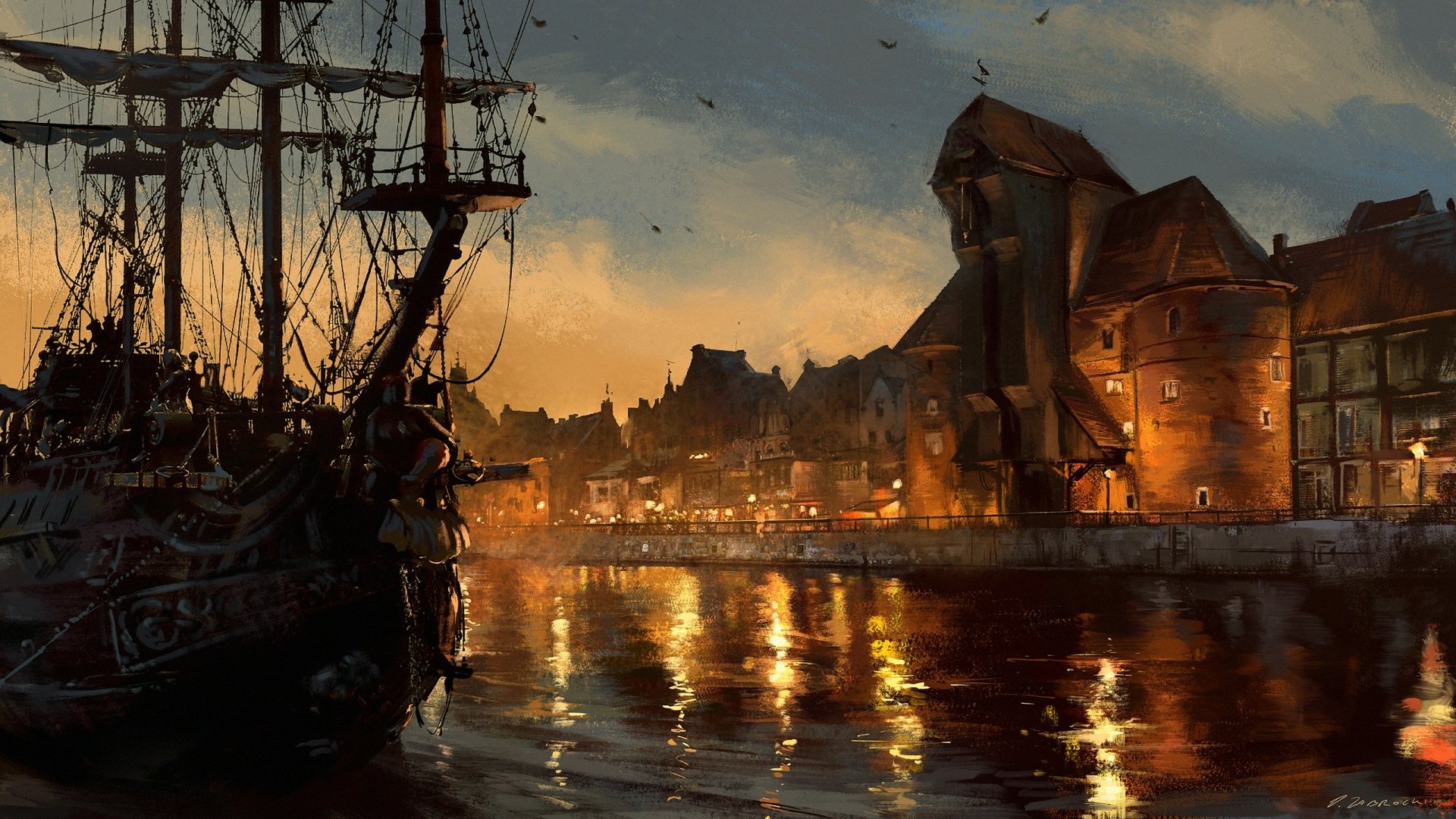Artistic HD PC desktop wallpaper depicting a serene city harbor at dusk, reflecting warm lights on calm waters with historical ships and buildings in the background.