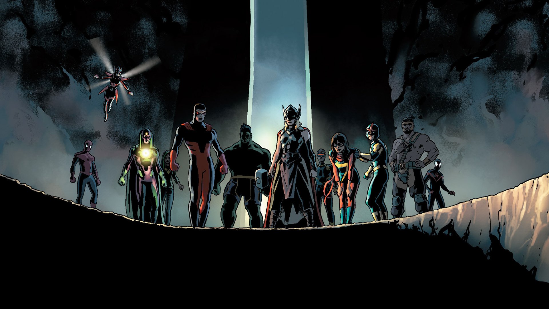 Download Miles Morales Sam Alexander Wasp (Marvel Comics) Nova (Marvel Comics) Hercules (Marvel Comics) Spider Man Thor Jane Foster Cyclops (Marvel Comics) Hulk Vision (Marvel Comics) Comic Avengers HD Wallpaper