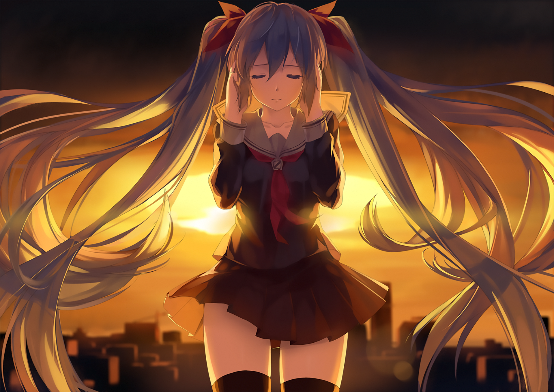 HD PC desktop wallpaper featuring Hatsune Miku from Vocaloid, depicted with long twin tails and closed eyes against a warm, glowing sunset background.