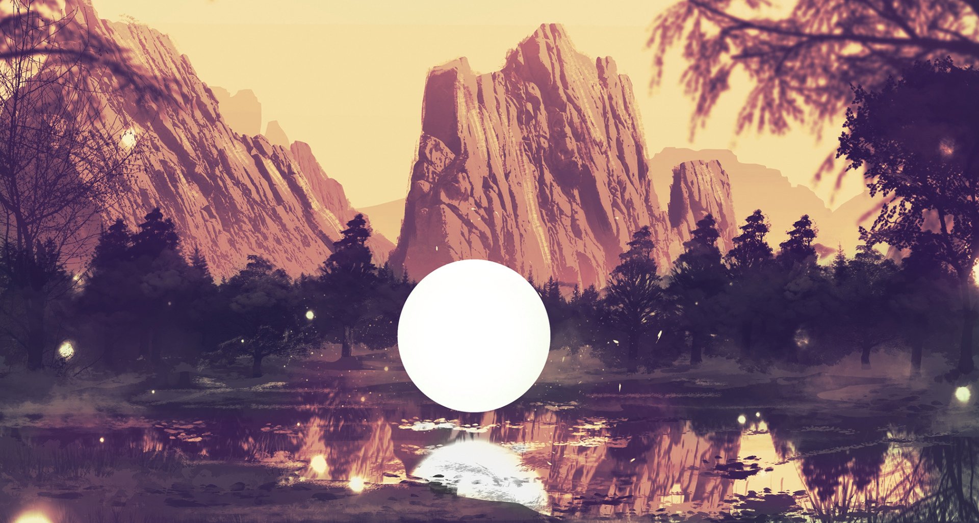 HD PC desktop wallpaper and background: fantasy landscape with jagged mountains, pine forest, glowing firefly lights over a reflective lake and a luminous white orb at the center.