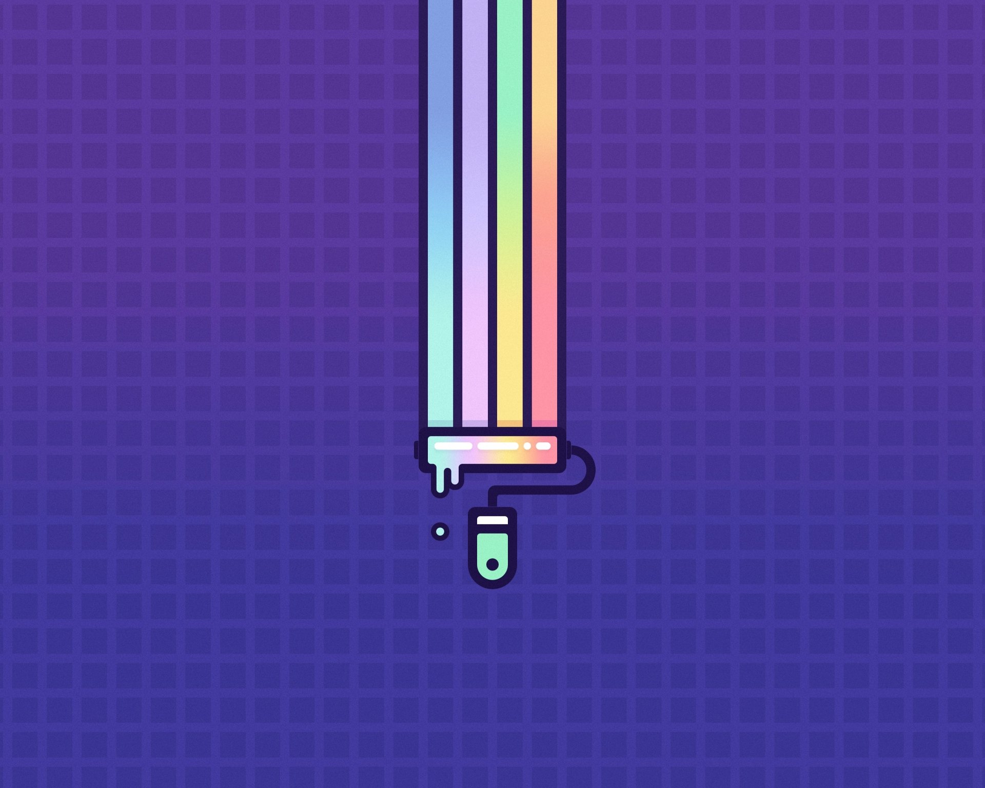Vector graphic design 2K Quad HD PC desktop wallpaper: artistic, colorful vertical paint stripe with a roller dripping over a purple grid background.