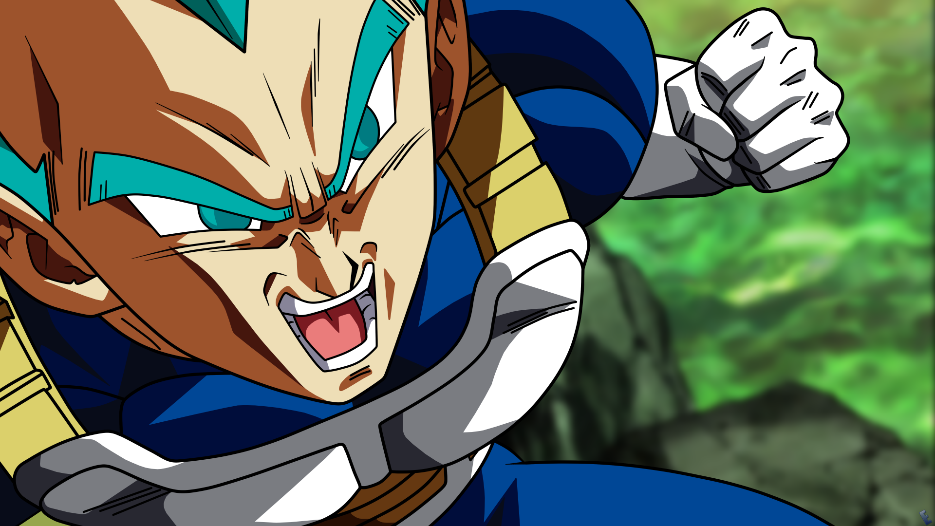 Vibrant 4K Ultra HD anime wallpaper featuring a fierce Dragon Ball Super character in dynamic action pose with intense expression and vibrant blue hair.