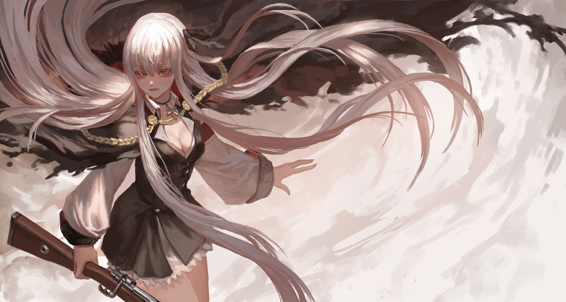HD PC wallpaper featuring Kar98k from the video game Girls Frontline, showcasing the character with long silver hair and a rifle against a dynamic, smoky background.