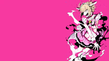Himiko Toga from My Hero Academia stands dramatically against a vibrant pink background, showcasing her unique, playful style in this HD desktop wallpaper.