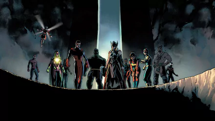 HD PC wallpaper of Marvel Avengers: Miles Morales, Sam Alexander (Nova), Wasp, Hercules, Spider-Man, Thor (Jane Foster), Cyclops, Hulk and Vision standing silhouetted before a glowing pillar.