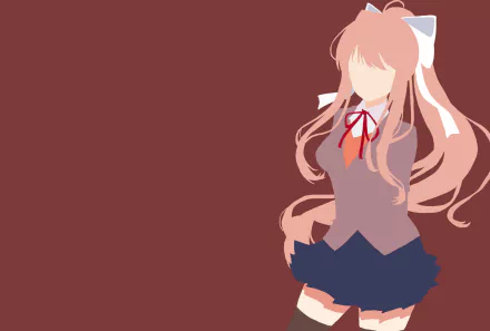 Minimalist HD desktop wallpaper featuring Monika from the video game Doki Doki Literature Club! in a school uniform against a solid maroon background.