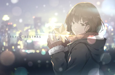 Anime-style original HD desktop wallpaper featuring a girl holding a glowing star against a blurred cityscape with Merry Christmas text.