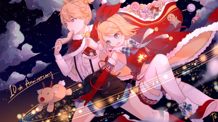 4K Ultra HD PC desktop wallpaper and background featuring Vocaloid anime duo Len Kagamine and Rin Kagamine in festive costumes, surrounded by stars, ribbons, and a plush reindeer.