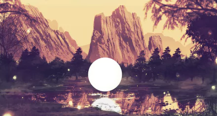 HD PC desktop wallpaper and background: fantasy landscape with jagged mountains, pine forest, glowing firefly lights over a reflective lake and a luminous white orb at the center.