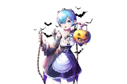 HD PC desktop wallpaper of Rem from Re:Zero - Starting Life in Another World, featuring her in a maid outfit holding a Halloween pumpkin bucket with bats flying around.