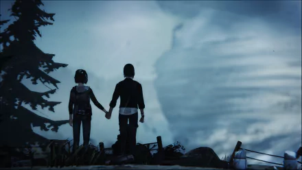 Max Caulfield and Chloe Price stand hand in hand watching a stormy sky, captured in an HD desktop wallpaper from the video game Life Is Strange.