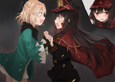 Fate/Grand Order HD desktop wallpaper: Sakura Saber and Oda Nobukatsu clasp hands and smile—Sakura in a green cloak, Oda in red-black military attire, with a small blushing close-up inset.