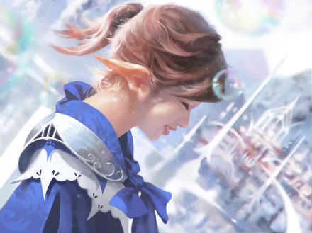 HD anime-style original artwork of a female elf with soft lighting and bubbles, designed as a PC desktop wallpaper and background.